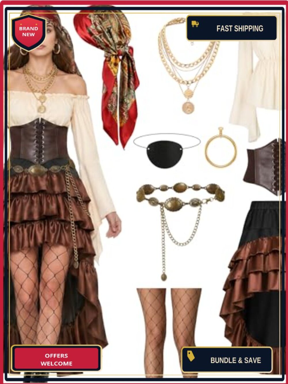 Women Pirate Costume Set Faux-leather Corset, Satin Scarf & Head Scarf
